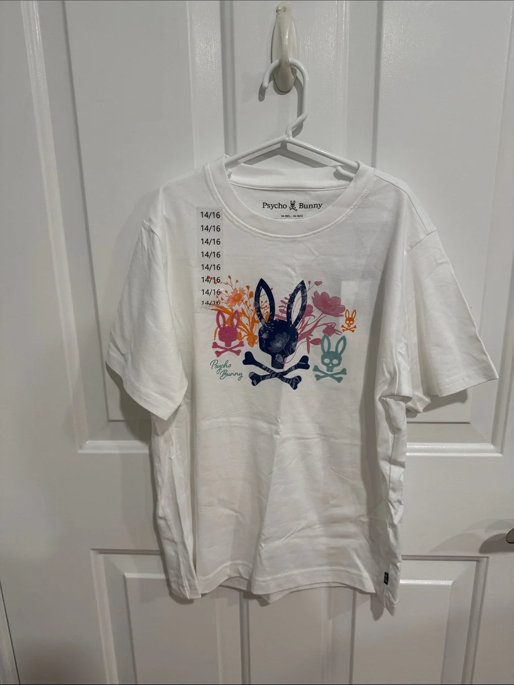 Psycho Bunny White Tee with Multicolor Bunny Skull Graphic
